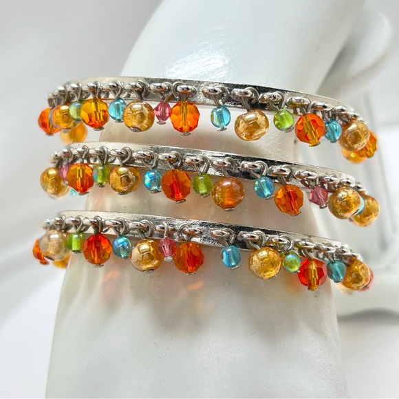 Givenchy, Vintage, Silver Plate And Multicolored Glass Beaded Wide Cuff Bracelet